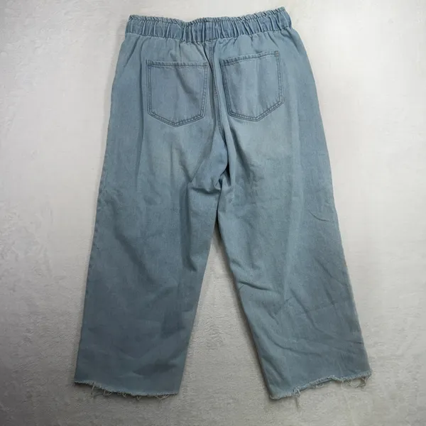 Forever 21 Large Denim Wide Leg Cropped Pants Light Wash Raw Hem Casual Boho - Image 8