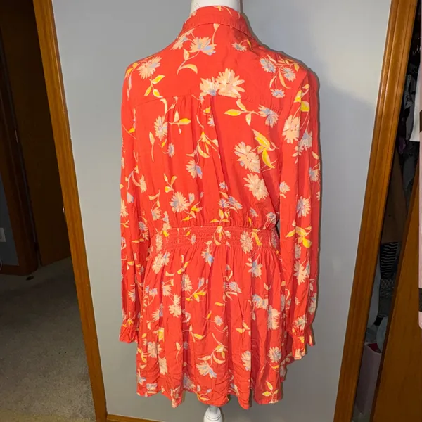 Free People‎ Ruthie Coral Floral Print Button Front Mini Shirt Dress flowy Large - Image 7