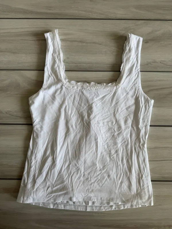 Montgomery Post Lace Trim Square Neck Knit Tank Top White Small NWT STITCH FIX - Image 7