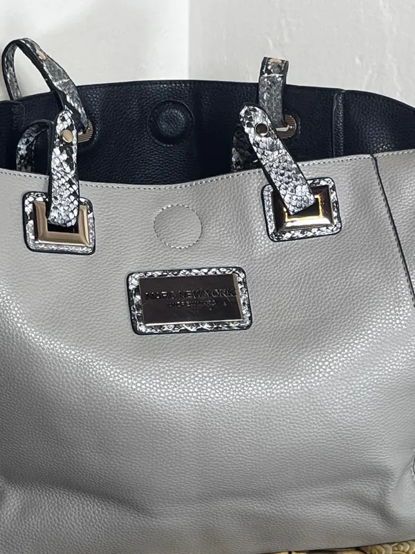 Michael Kors Light Gray Tote with Snake-Print Trim - Image 4