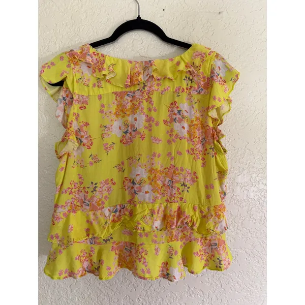 Maeve Anthropologie Ashlee Ruffled Blouse‎ 12 Yellow Floral V-Neck Sleeveless - Image 9