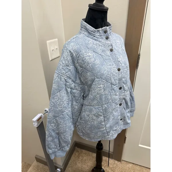 Kensie Jeans Women Blue Floral Quilted Snap Front Mock Neck Jacket Cotton Large - Image 4