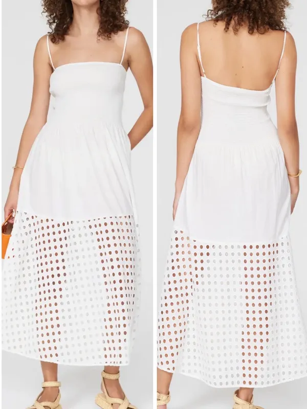 Solid & Striped Kennedy White Smocked Lace Cutout Midi Dress - Image 10
