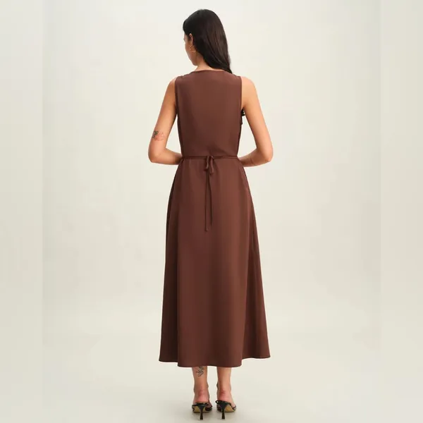 Rihoas Brown Round Neck Button Sleeveless Maxi Dress - Image 5