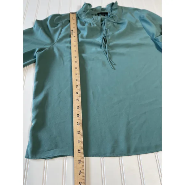 J.Crew Teal Green Ruffle Neck Tie Blouse Smocked Cuff Long Sleeve Top Size L - Image 8