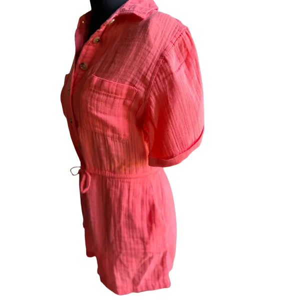 Old Navy XS Petite Coral Double Gauze Romper 100% Cotton Button Front Pockets - Image 7