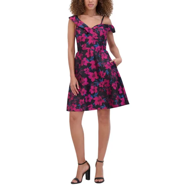 Kensie Womens Floral Jacquard A-Line Dress Cold Shoulder KDTP3014 Black Multi 6 - Image 6