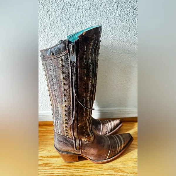 Corral Distressed Brown Crystal Cross Stripes and Studs Tall Boot Size 7M - Image 4