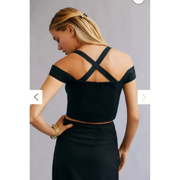 Anthropologie Maeve Size-XS Black‎ Linen Off The Shoulder Twist Crop Top - Image 3
