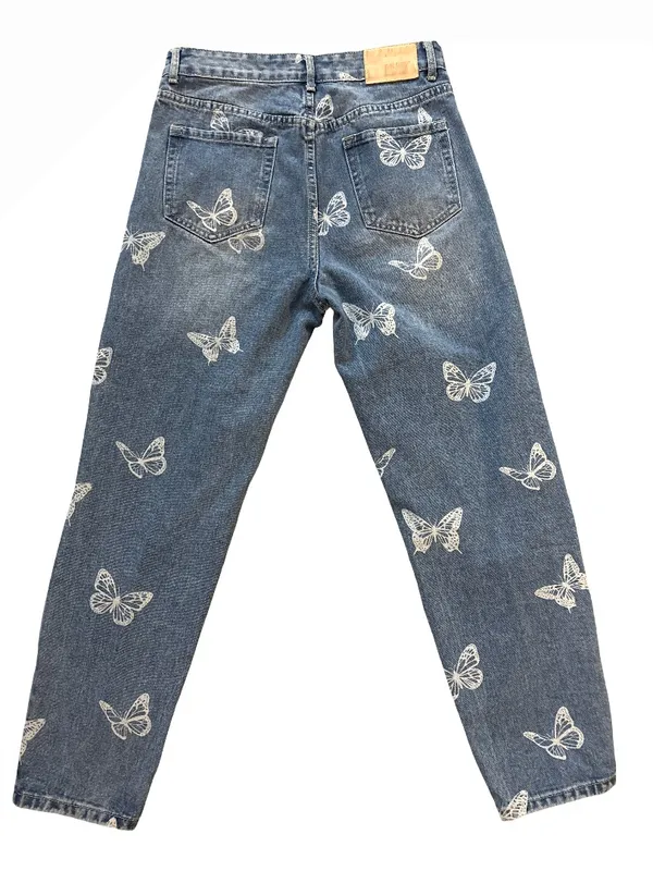 Blue Denim Butterfly Print Boyfriend Jeans - Women's - Image 4