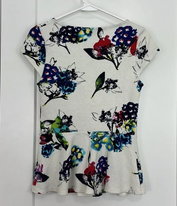 Anthropologie 9H1F STCL Small White Floral Sweetheart Neckline Cap Sleeve Blouse - Image 8