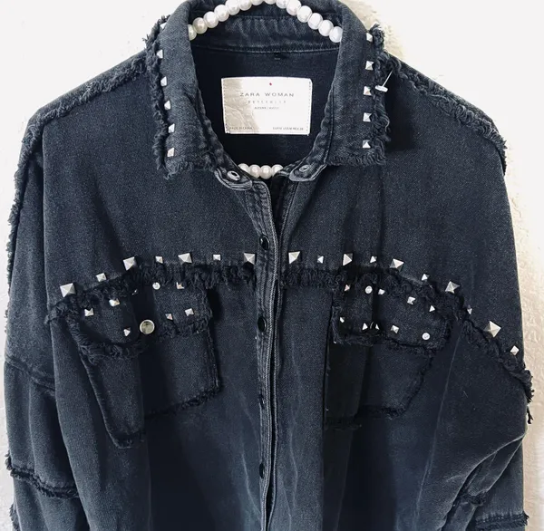 ZARA | Studded Denim Black Fringe Raw Hem Jacket - Image 6