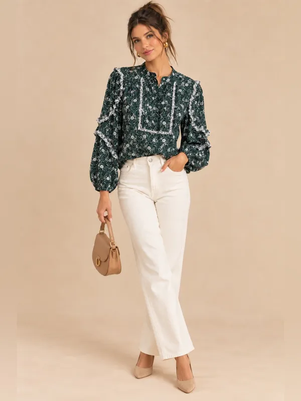 J.Crew Green Ditzy Floral Ruffle Trim Button Front Yolk Long Sleeve Blouse Small - Image 8
