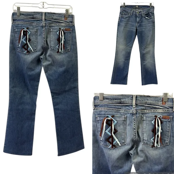 7 for all Mankind Justine Bootcut with Laced Ribbon Accent Pockets Blue Jeans 27 - Image 3