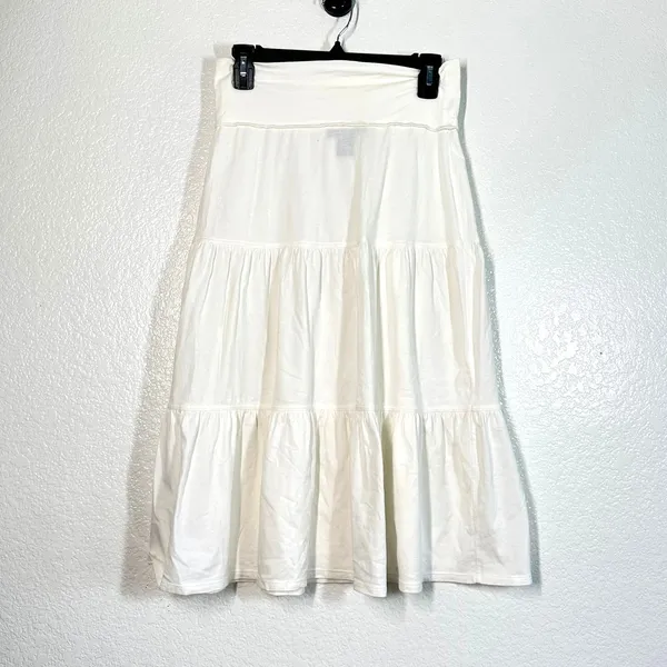 Ann Taylor Skirt XS Midi Tired Full White Ruffle Women's Basic Capsule Cotton Elastic Waist - Image 2