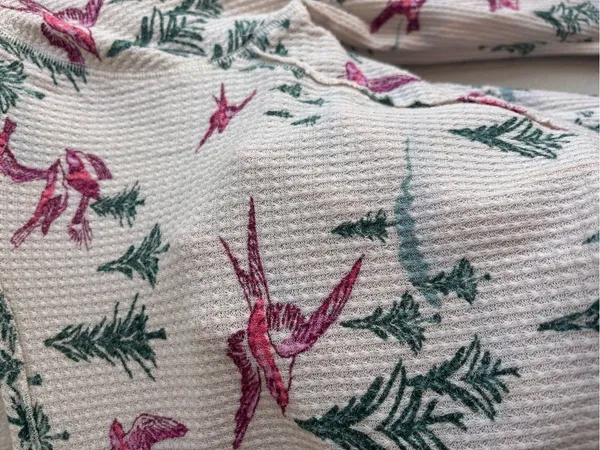 Cream Waffle Knit Two-Piece Pajama Set with Green Tree & Pink Bird Print - Image 7