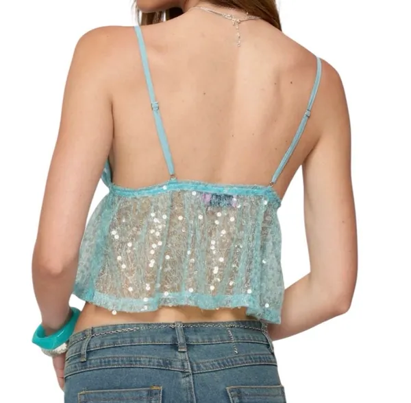 NWT Edikted Blue Sequin Sheer Babydoll Top Cami Tank Crop Top XL - Image 2