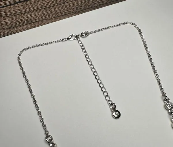 Roman Clear Rhinestone Silver Tone Necklace Signed RMN Adjustable Length - Image 3