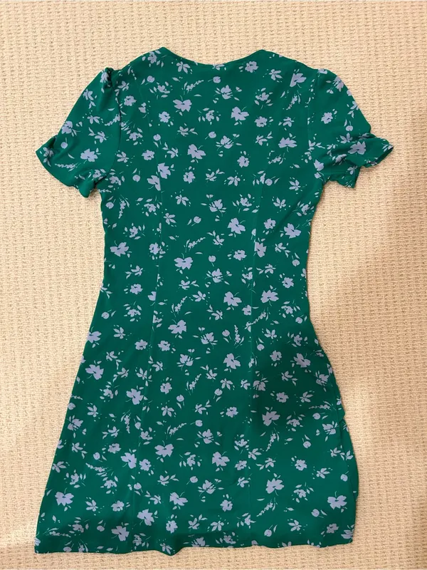 Mango Green with purple florals V-Neck button down mini Dress - Image 4