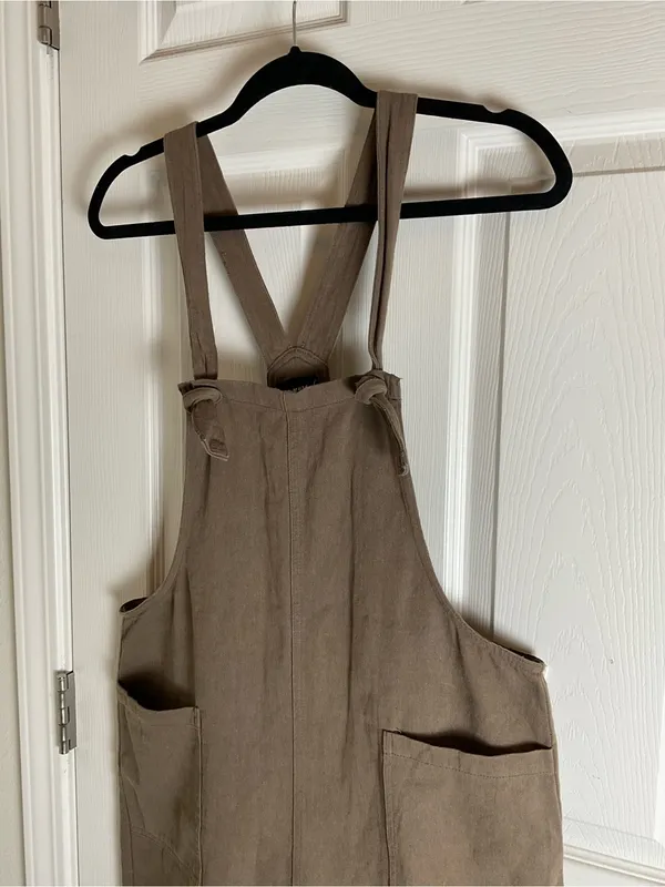 Miou Muse Taupe Linen-Blend Wide-Leg Overalls - Size M Women’s - Image 4