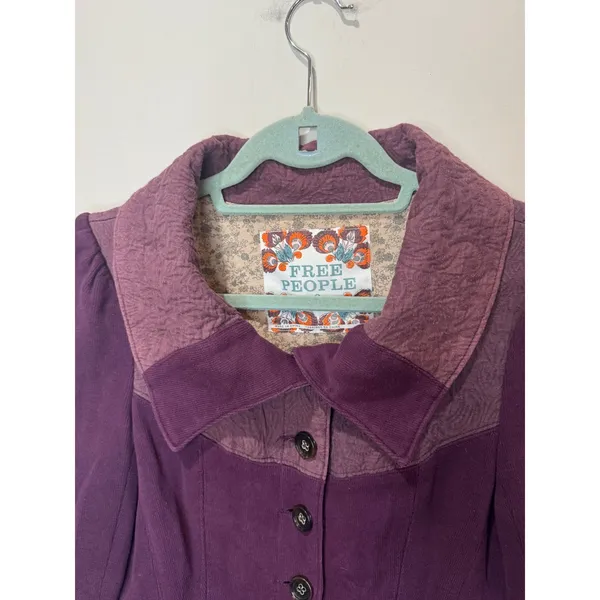 Free‎ People Mulberry Purple Cotton Knit Blazer Jacket Sz 8 Boho Victorian - Image 4