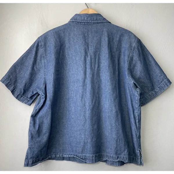 Sarah Studio Denim Button Up Shirt Size XL Embroidered Blue Birdhouse Garden - Image 7