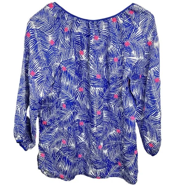 Vineyard Vines Silk Blouse Top Blue Pink Palm Print Long‎ Sleeve S Embroidered - Image 4