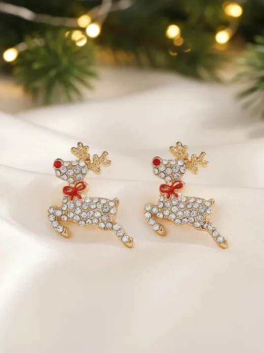 Holiday Gold Reindeer Crystal Stud Earrings - Image 3