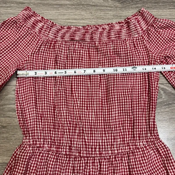 Old Navy Cotton Blend Dress S Red Gingham Smocked Off Shoulder Tiered Midi Dress - Image 6