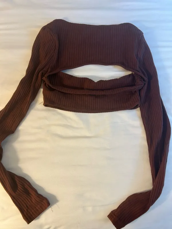Brown Knit Long Sleeve Crop Top - Image 2