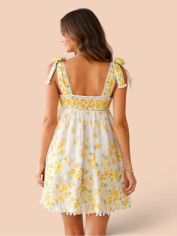 FARM Rio 100% Cotton Azaleia Yellow Floral Tie Straps Mini Dress Size Large - Image 2