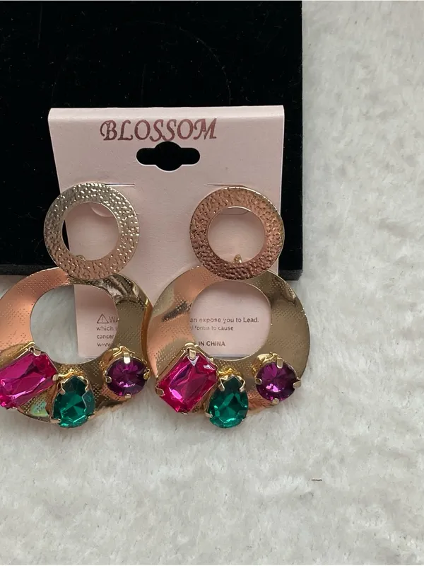 Gold Hoop Earrings with Pink and Green Gemstones - Image 4