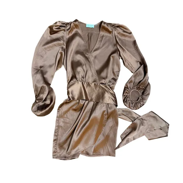 DRESS‎ FORUM Satin Bronze Brown Ruched Sleeve Wrap Mini Dress Sz S - Image 9