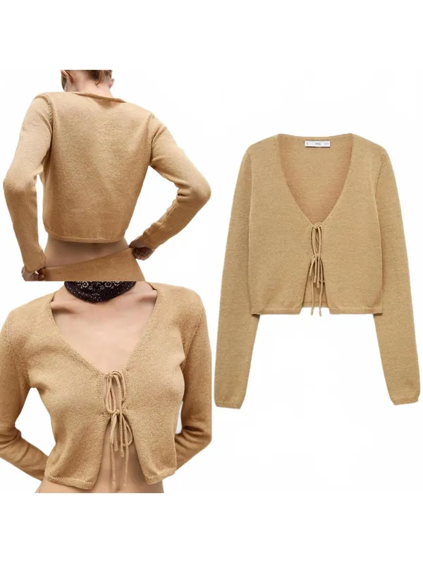 Mango Knitted Cardigan with Bow Jadore Gold XS - Image 2