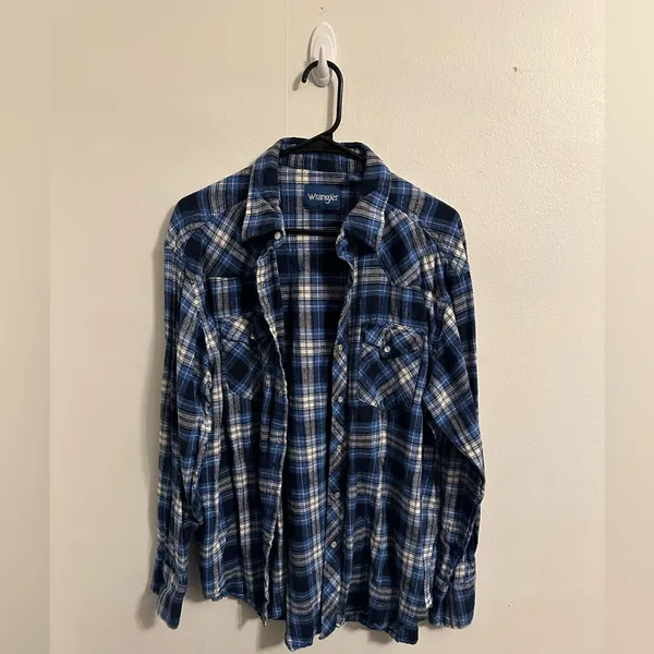 Wrangler Womens Long Sleeve Western Blue Plaid Pearl Snap Shirt Large - Image 2