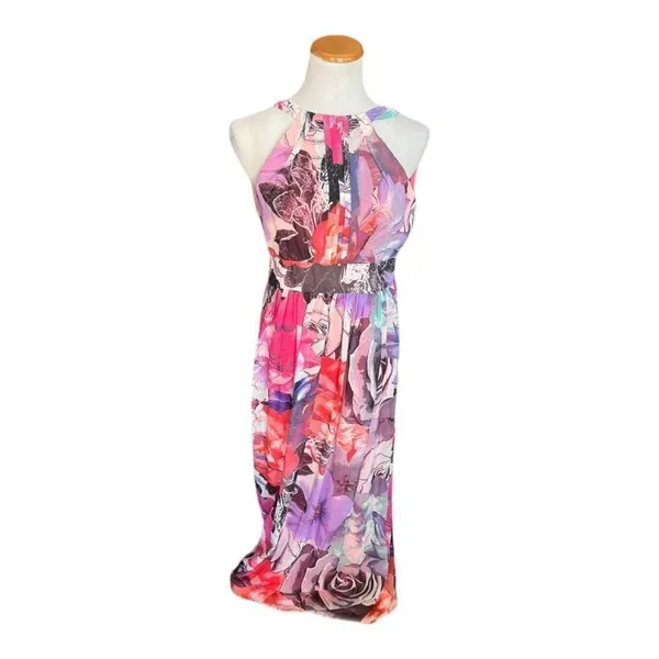 Womens Eliza J Floral Pastel Watercolor Chiffon High Neck Halter Maxi Dress - 2 - Image 3