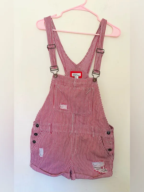 Forever 21 Y2K Red and White Striped Denim‎ Overalls Shorts Women’s Sz 29 - Image 2