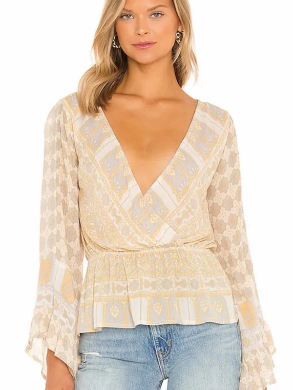 Free People Cream & Tan Printed Wrap Blouse - Image 2