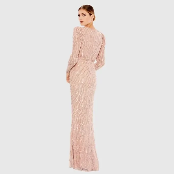 Mac Duggal Pink Size 8 Sequin Beaded Plunge Neck Long Sleeve Trumpet Gown Dress - Image 4