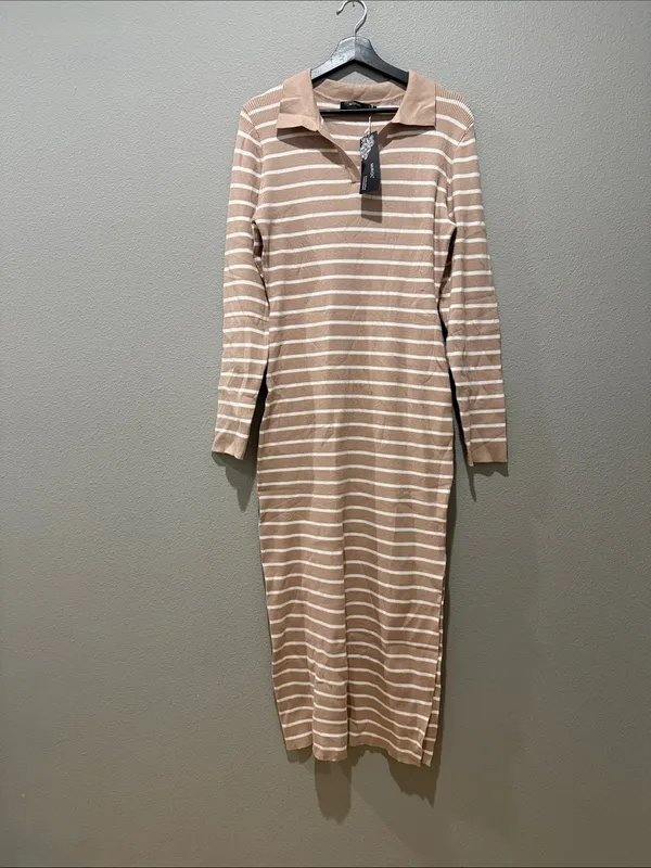 Mirol Tan Stripe Ribbed Collar V Neck Long Sleeve Fitted Midi Dress Size XL - Image 2