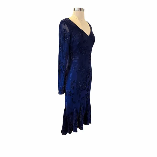Vintage Alex Evenings Navy Silk Beaded Floral Handkerchief Maxi Dress - Image 5