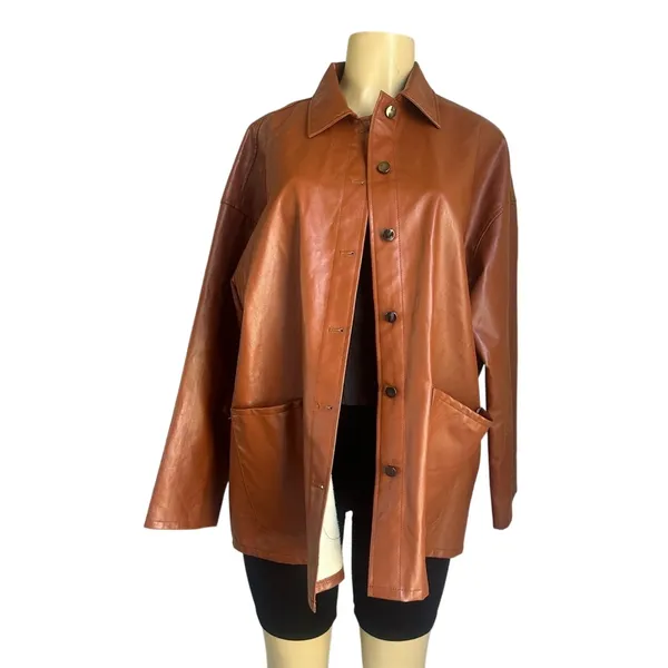 SHEIN Brown PU Faux Leather Shacket Jacket Women’s 6 Oversized Button Down - Image 2