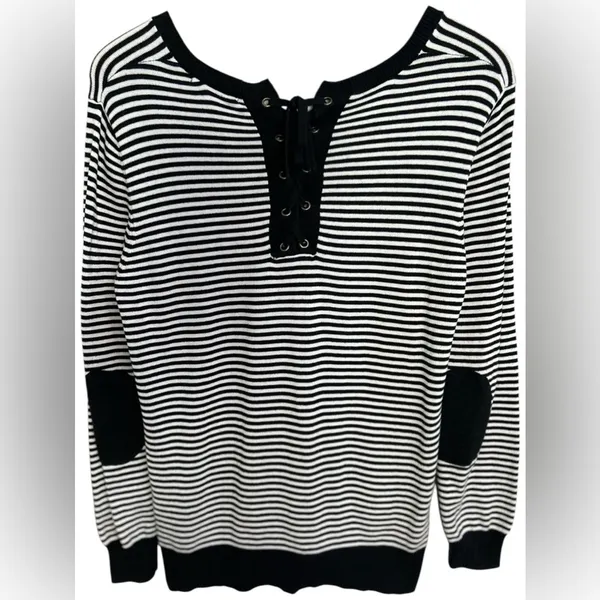DownEast Women’s Black White Striped Lace Back Elbow Patch Nautical Sweater Med‎ - Image 2