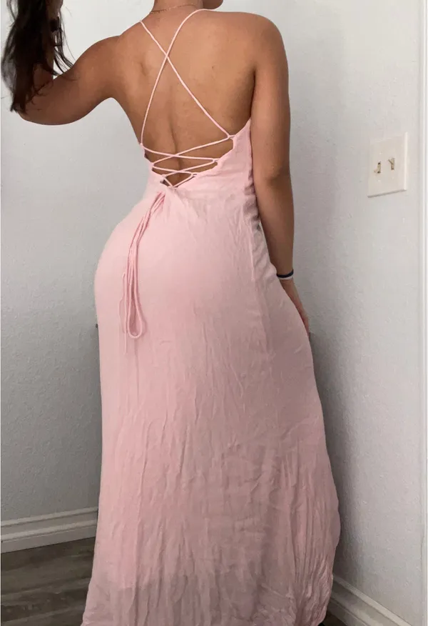 Baby Pink Long Naked Back Dress - Image 4