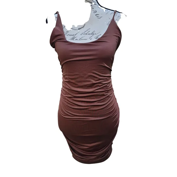 Oh Polly 37Y Chocolate Brown Ruched Bodycon Mini Dress Adjustable Straps US‎ 8 - Image 2