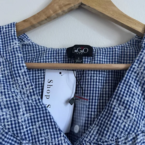 NEW Gigio Gingham Floral Puff Sleeve Top size small blue ruffle boho NWT blouse - Image 3