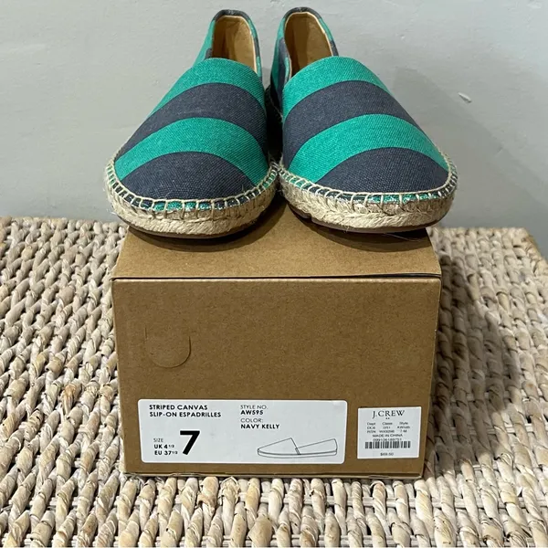 J. Crew Striped Canvas Slip-On Flat Espadrilles‎ Navy Kelly Green AW595 7 NIB - Image 10