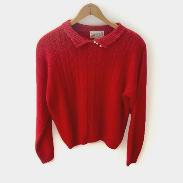 80s Vintage Red Angora Silk Sweater M Cable Knit Pearl Buttons Retro Twee Preppy - Image 5