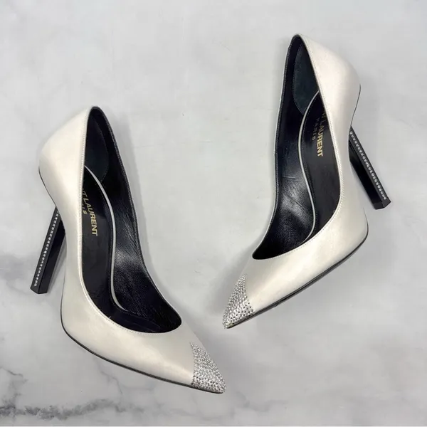 Saint Laurent Tower 110 Strass Embellished Silk Satin Pointed Toe Pump Heel 36.5 - Image 3