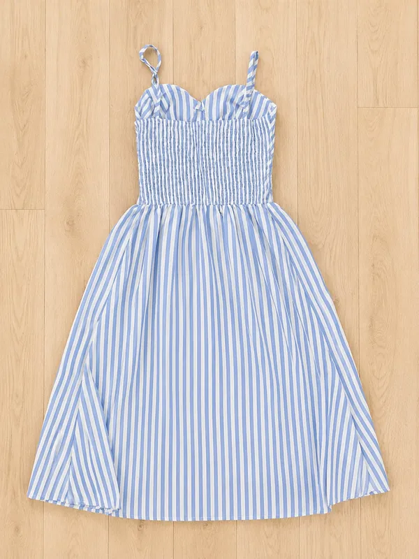 Women's Blue White Striped Sleeveless Spaghetti Strap Midi Dress S - Image 2